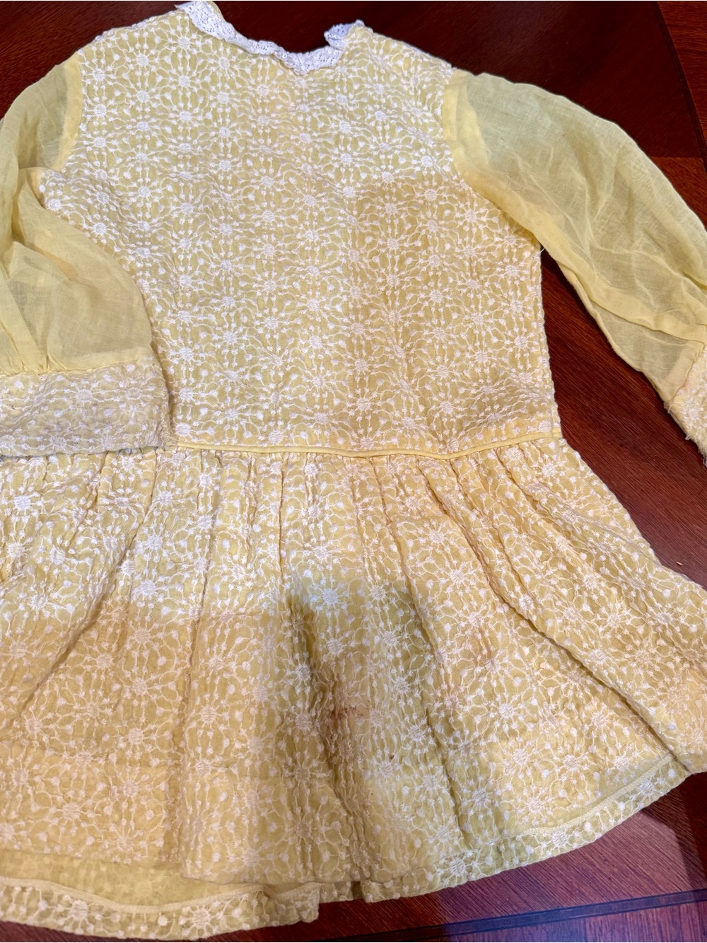 Vintage 1960s 70s Yellow Lace-Embroidered Peplum Dress for Kids